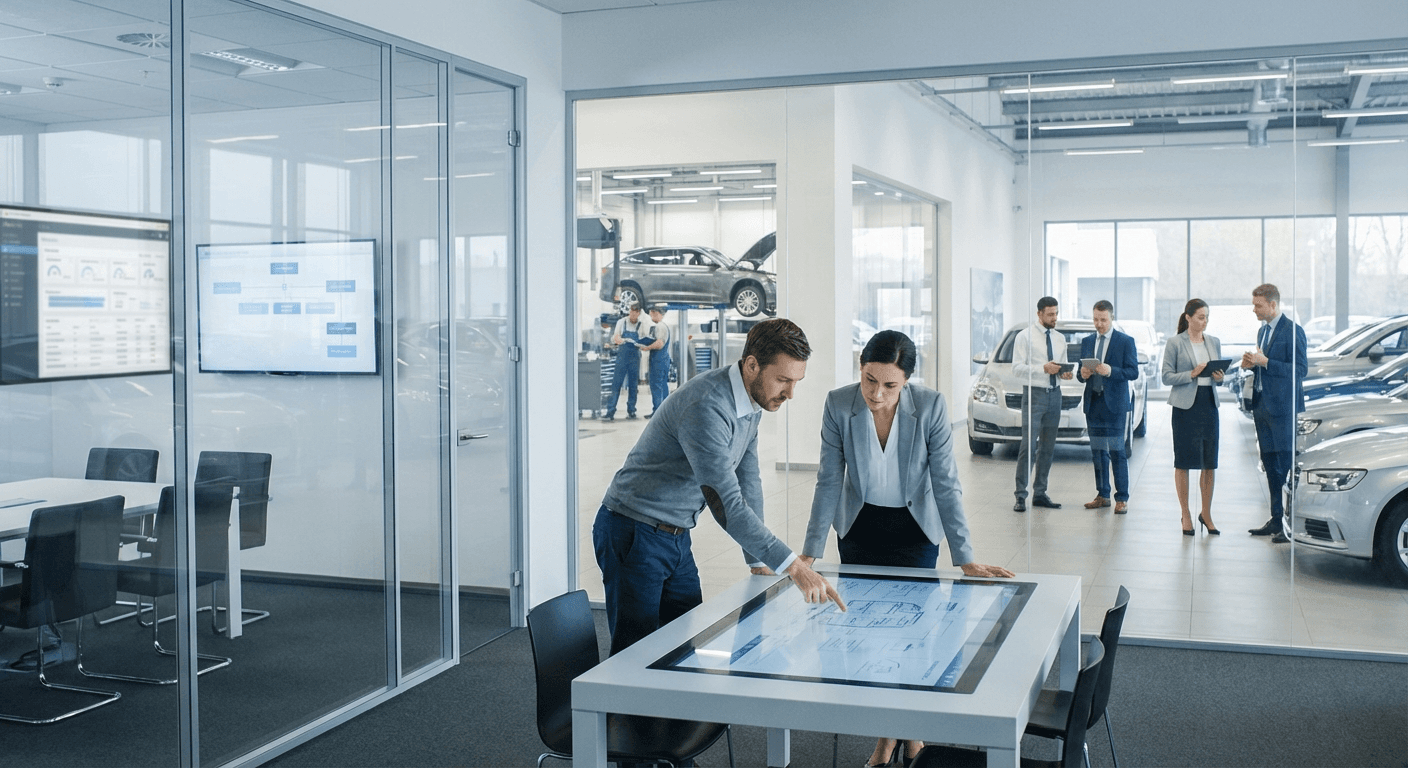 Car dealership leadership team coordinating technology operations across sales and service workflows.