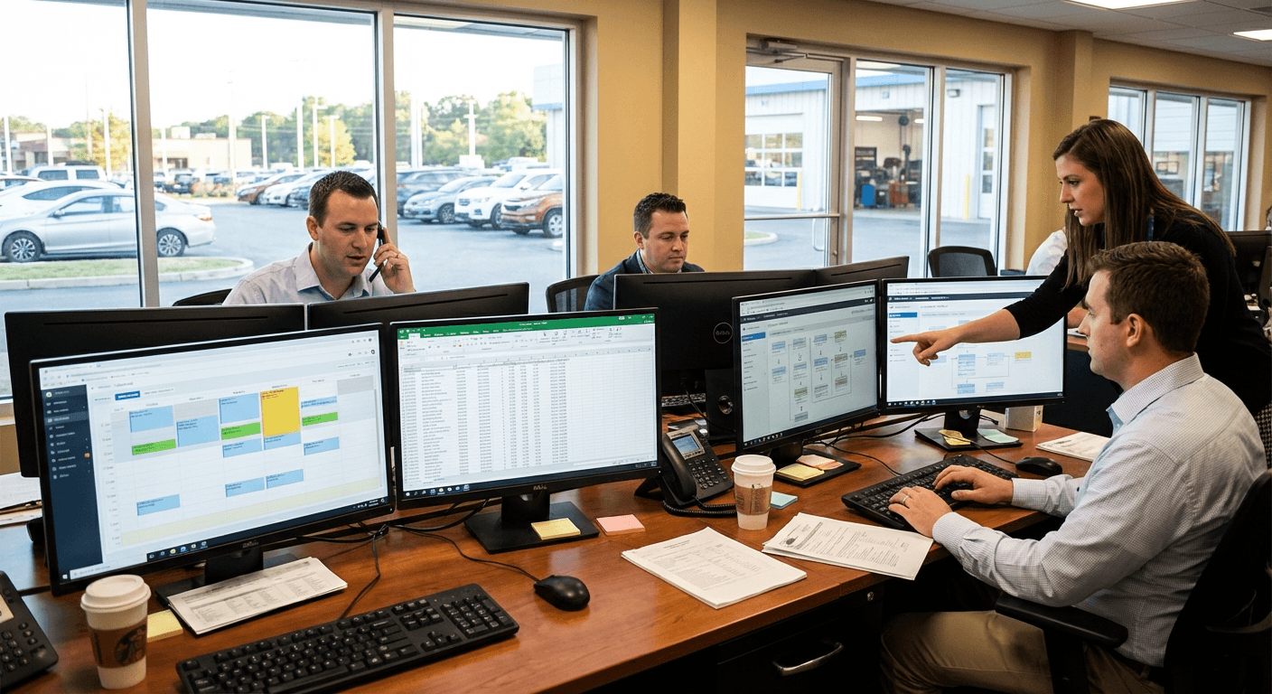 Dealership operations environment showing cross-department workflow coordination.
