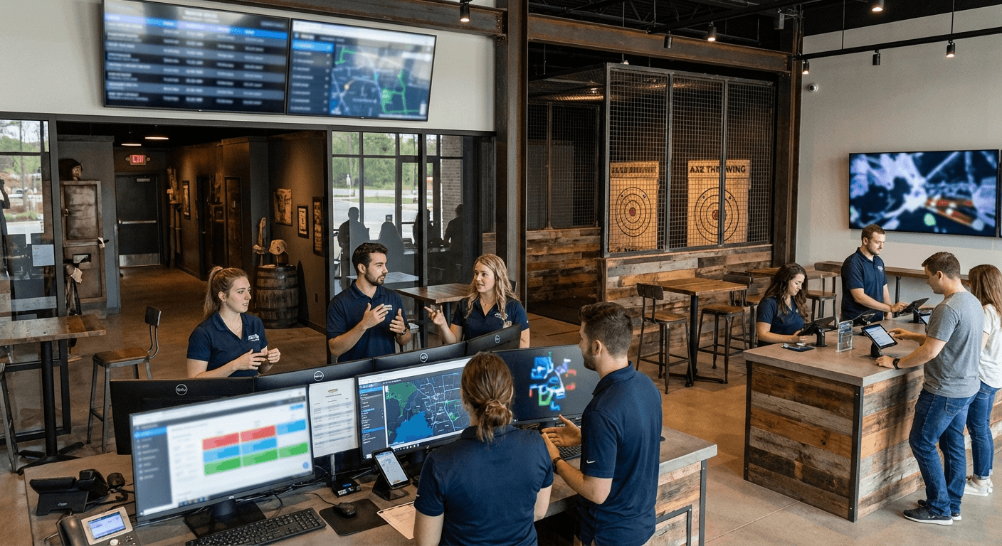Experience venue leadership and operations team coordinating customer-facing technology reliability.
