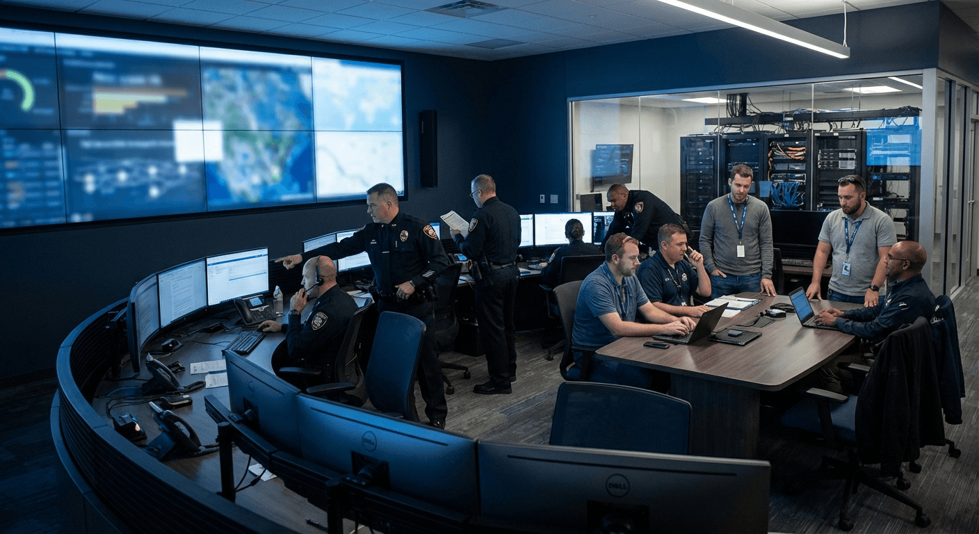 Law enforcement operations leadership coordinating secure mission-critical technology support.