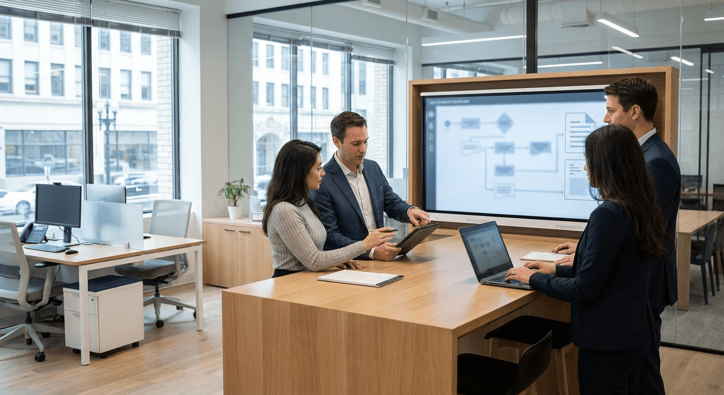 Legal operations team coordinating secure case and document workflows in a modern office.