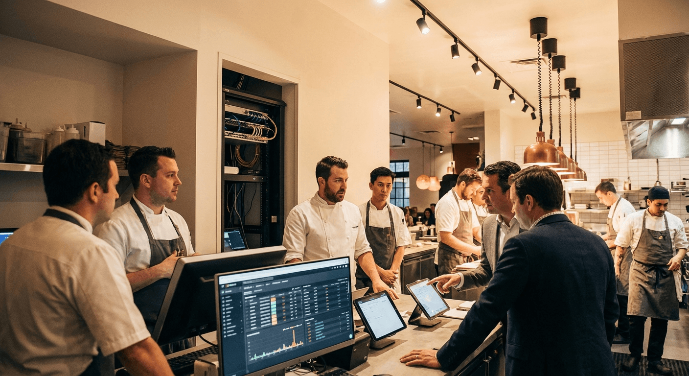 Restaurant operations leadership team coordinating technology reliability during active service windows.