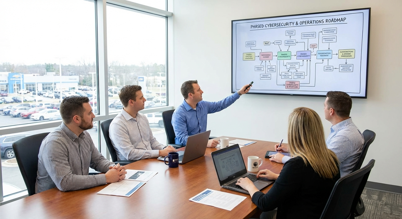 Dealership staff and an IT specialist documenting systems and vendor responsibilities.