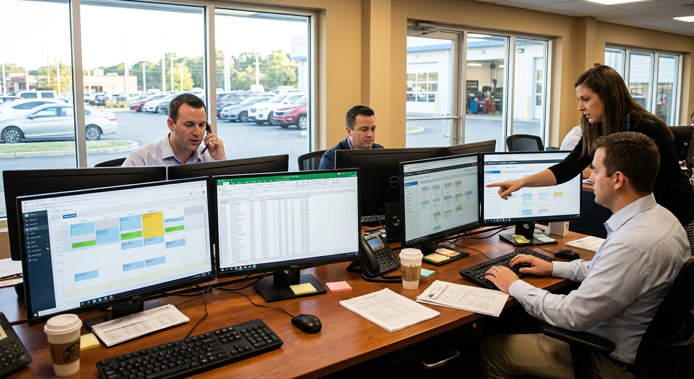 Dealership staff using connected systems at sales and service workstations.