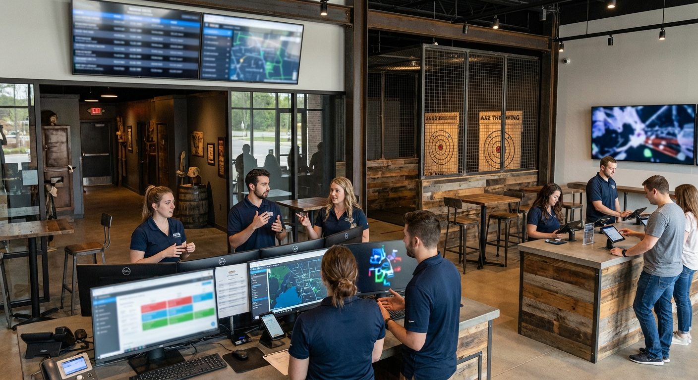 Venue staff helping guests at a front desk with booking and waiver equipment.