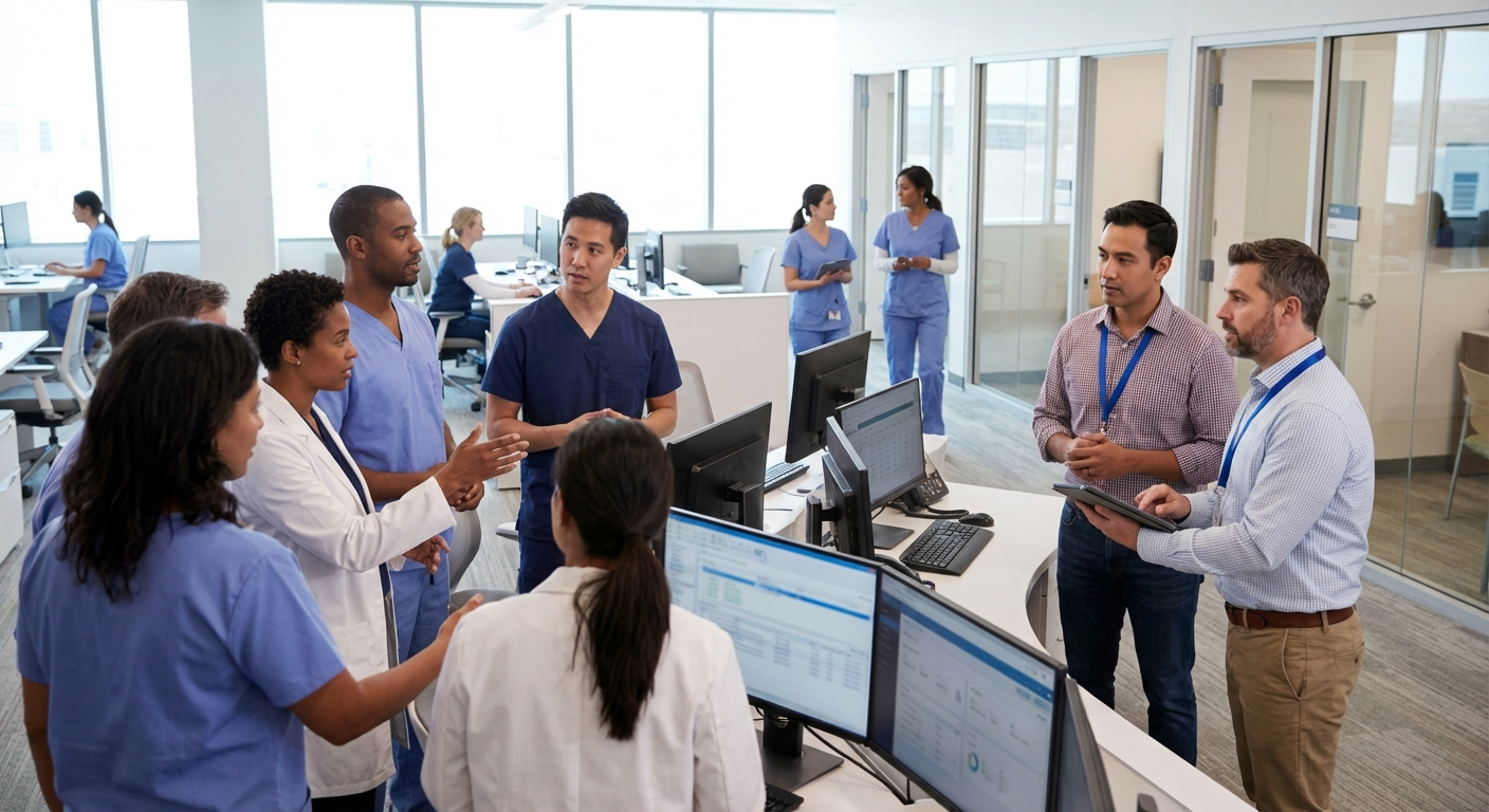 Clinic staff reviewing an electronic health record workflow at a shared workstation.