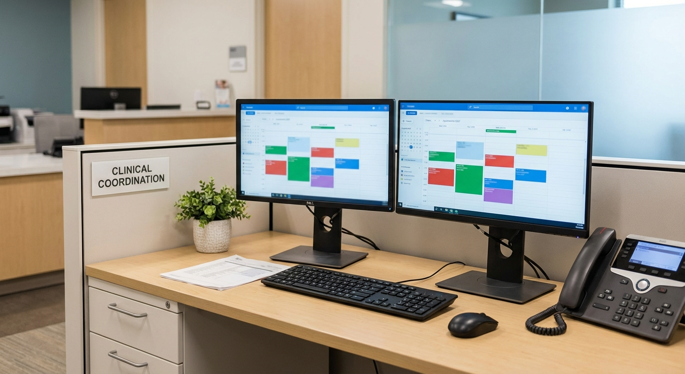 Clinic workstation displaying scheduling and patient-flow operations.