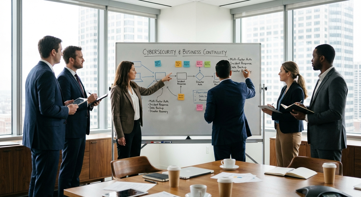 Firm leaders mapping technology vendors, deadlines, and incident responsibilities.