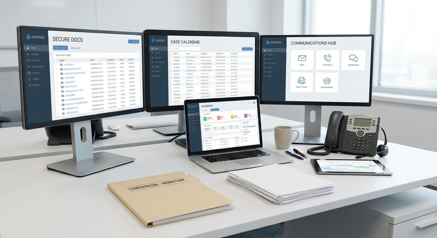 Law-firm workstation displaying a matter-management and document workflow.