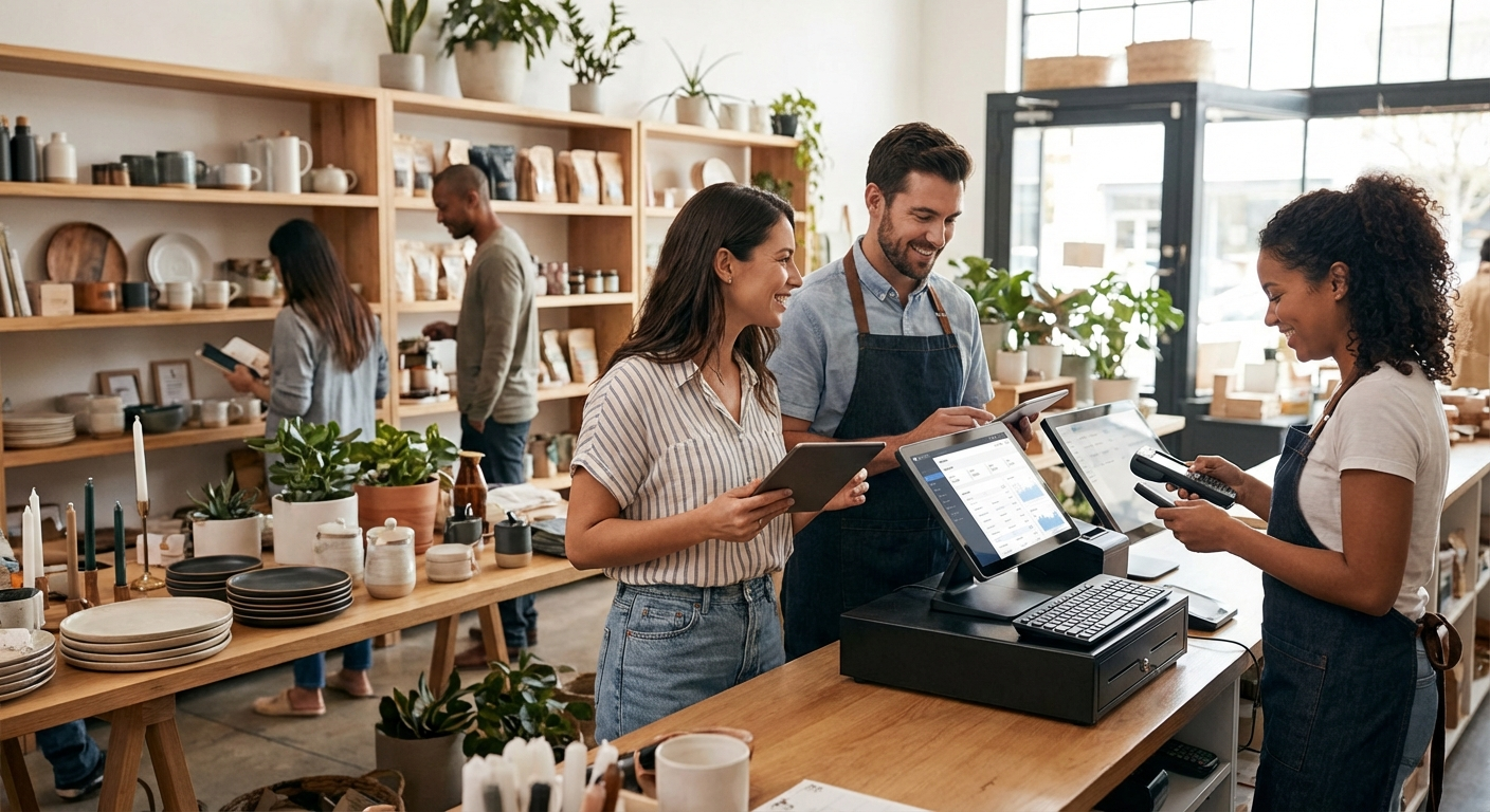 Retail staff using a checkout register and payment terminal in a local shop.