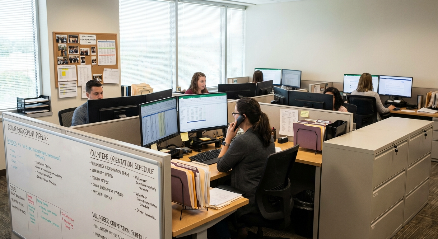 Nonprofit staff working with fundraising and program systems.