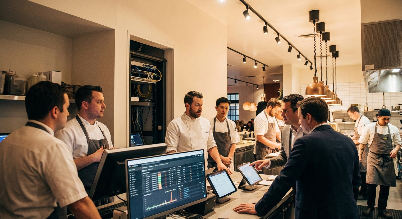 Restaurant manager and staff reviewing point-of-sale operations during service.