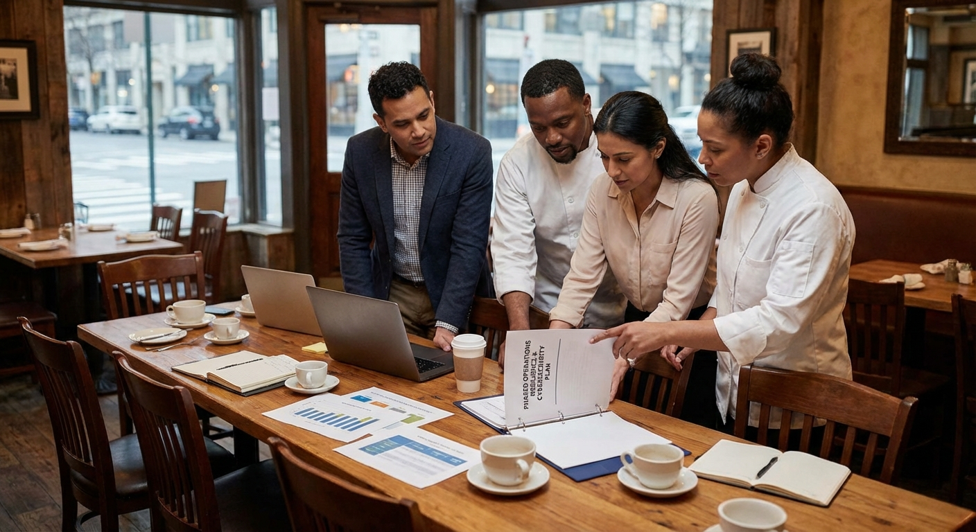Restaurant managers reviewing a documented technology and outage plan.